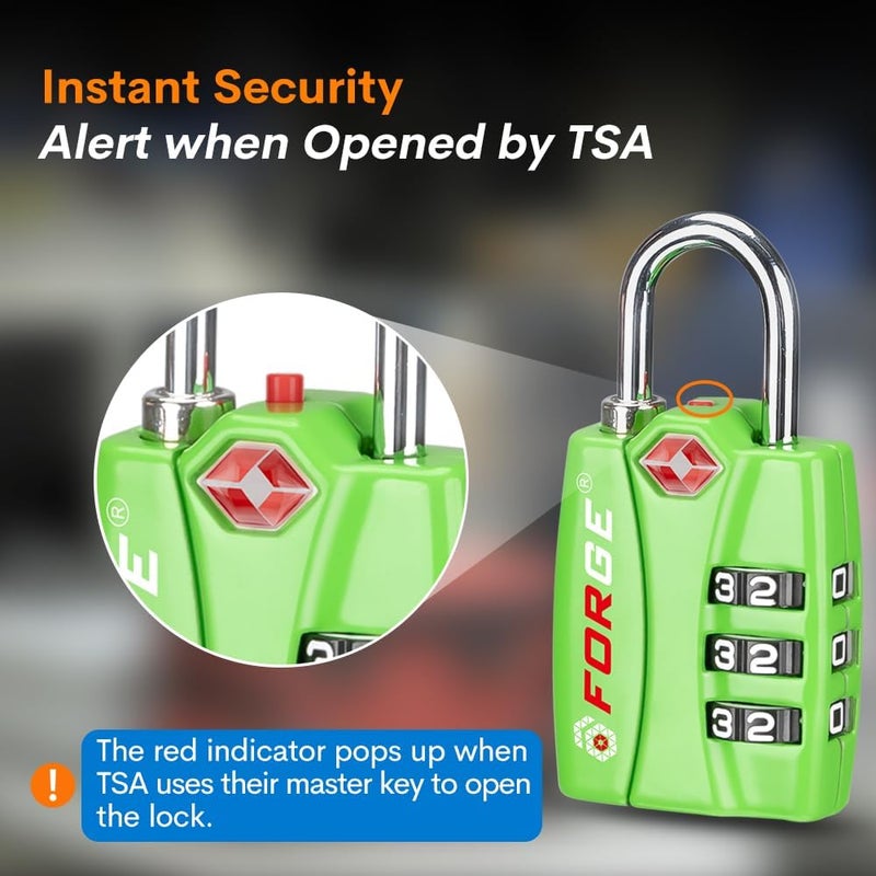 Forge TSA Luggage Combination Lock - Open Alert Indicator, Easy Read Dials, Alloy Body- Ideal for Travel, Lockers, Bags (Green 2Pk) - Image 3
